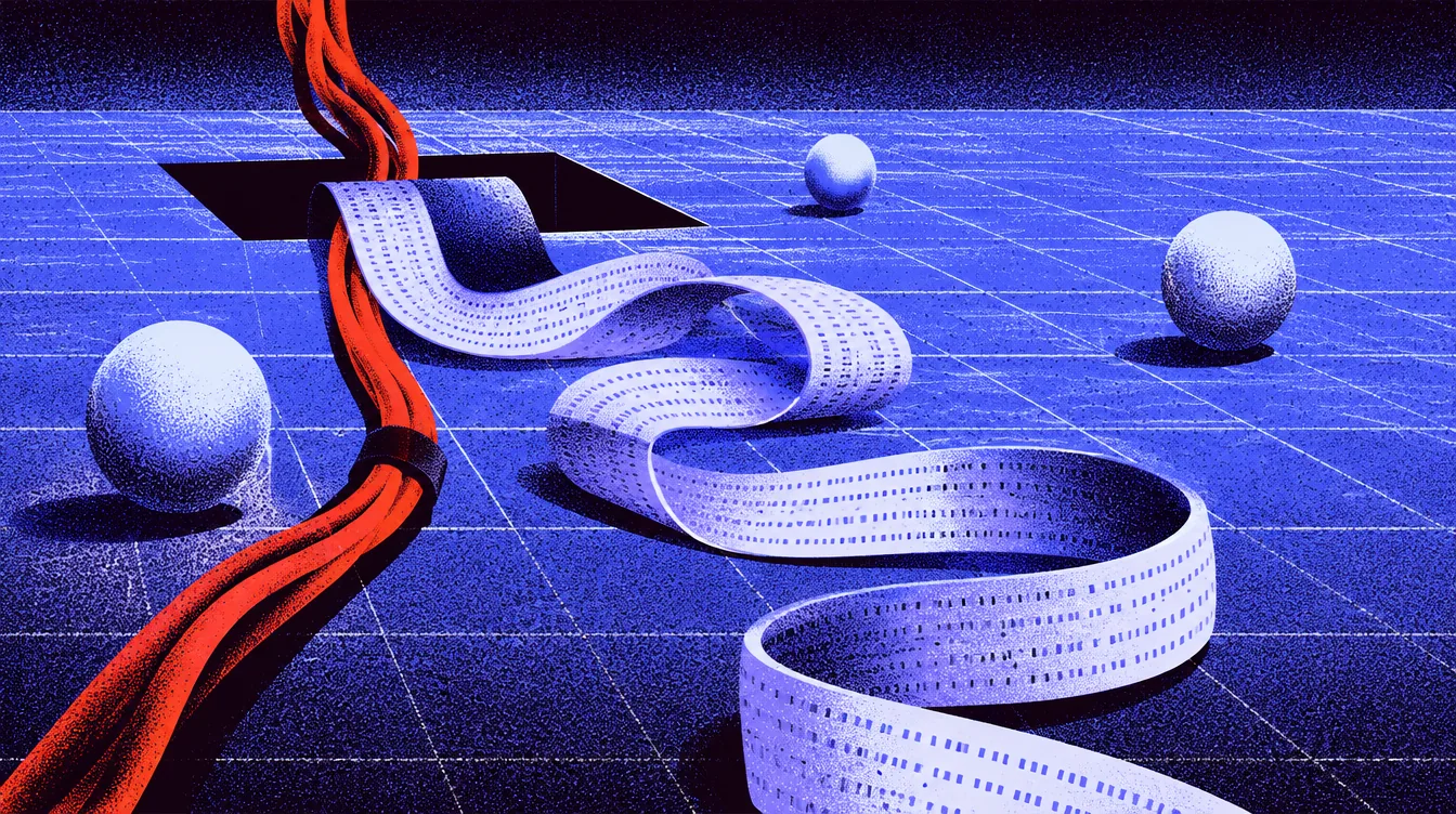 Ticker tape unspooling from a hatch across the floor